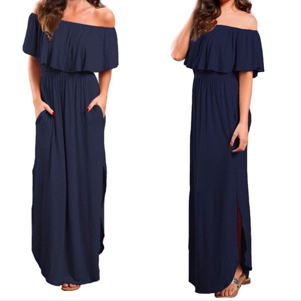 VERABENDI Off Shoulder Ruffle Maxi Dress Split Hem Blue Medium